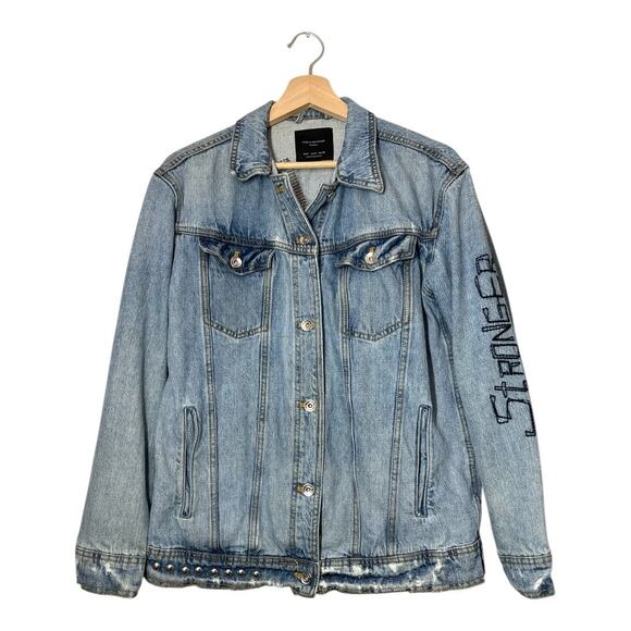 Zara Rare Denim Jean Jacket Size Small Oversized  Studded Trucker Positive Patch - Picture 2 of 5